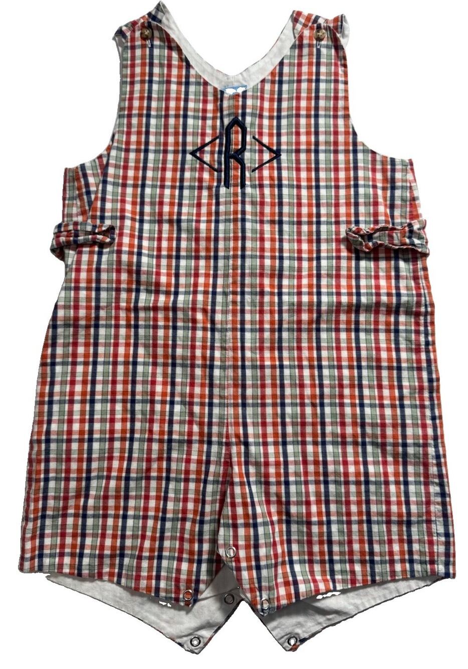 Bella Bliss Boys Size 3 Plaid Shortall Romper Monogram R Cotton